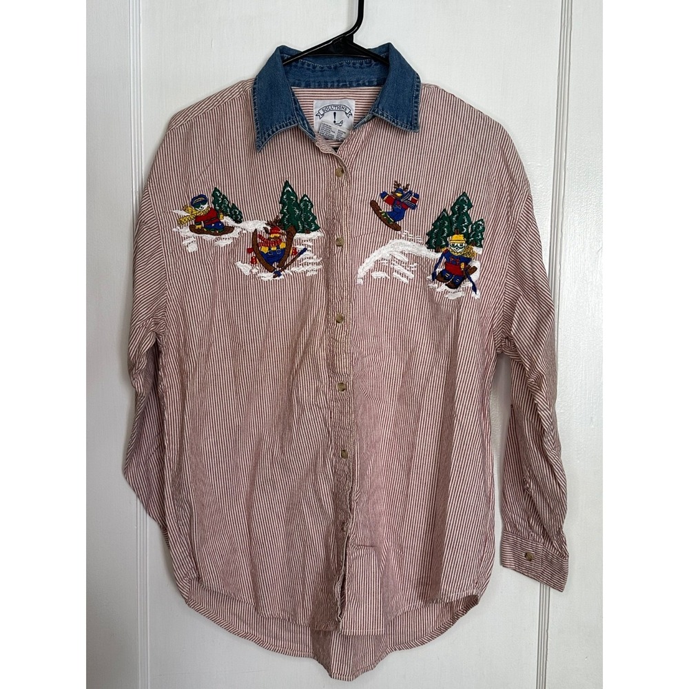 VTG Solutions Original Size M Striped Embroidered Skiing Animals Button Up Shirt